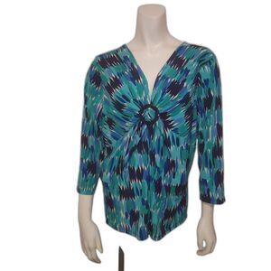 CHAUS V Neck Blouse Vibrant Blue and Black 3/4 Length Sleeves Womens Size XL